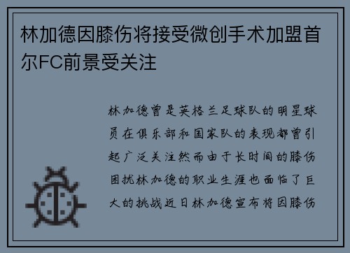 林加德因膝伤将接受微创手术加盟首尔FC前景受关注 林加德因膝伤将接受微创手术加盟首尔FC前景受关注